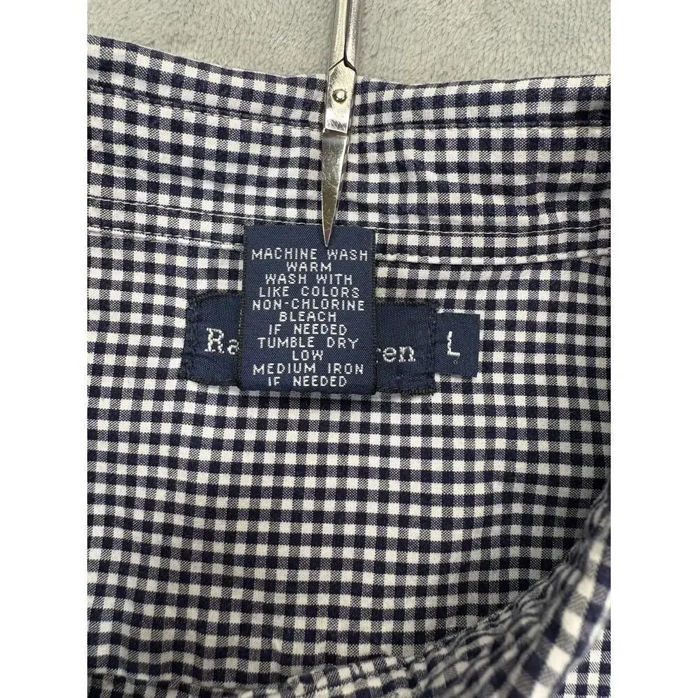 RALPH LAUREN Boys Navy L Gingham Short Sleeve Button Down Shirt Red Pony